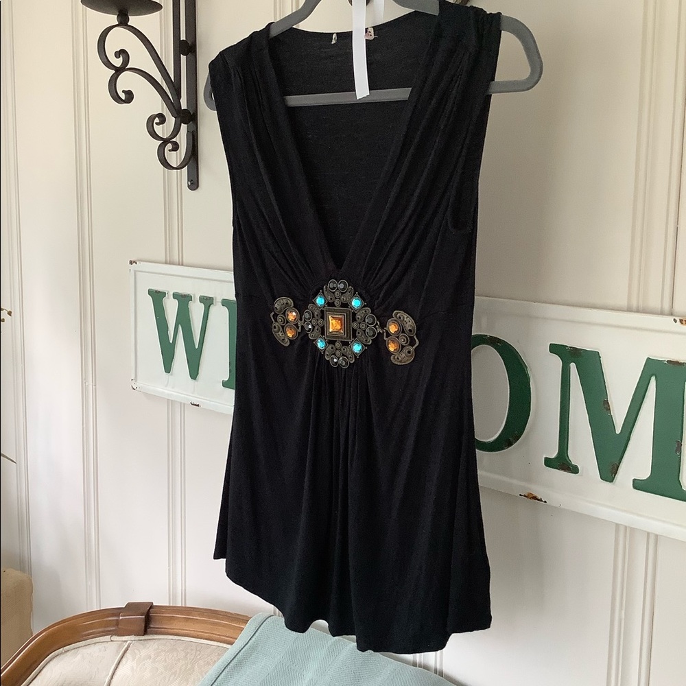 Black Multicolored Jewel Medallion Top